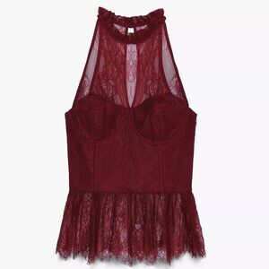 ZARA LACE HALTER TOP BURGUNDY SIZE M